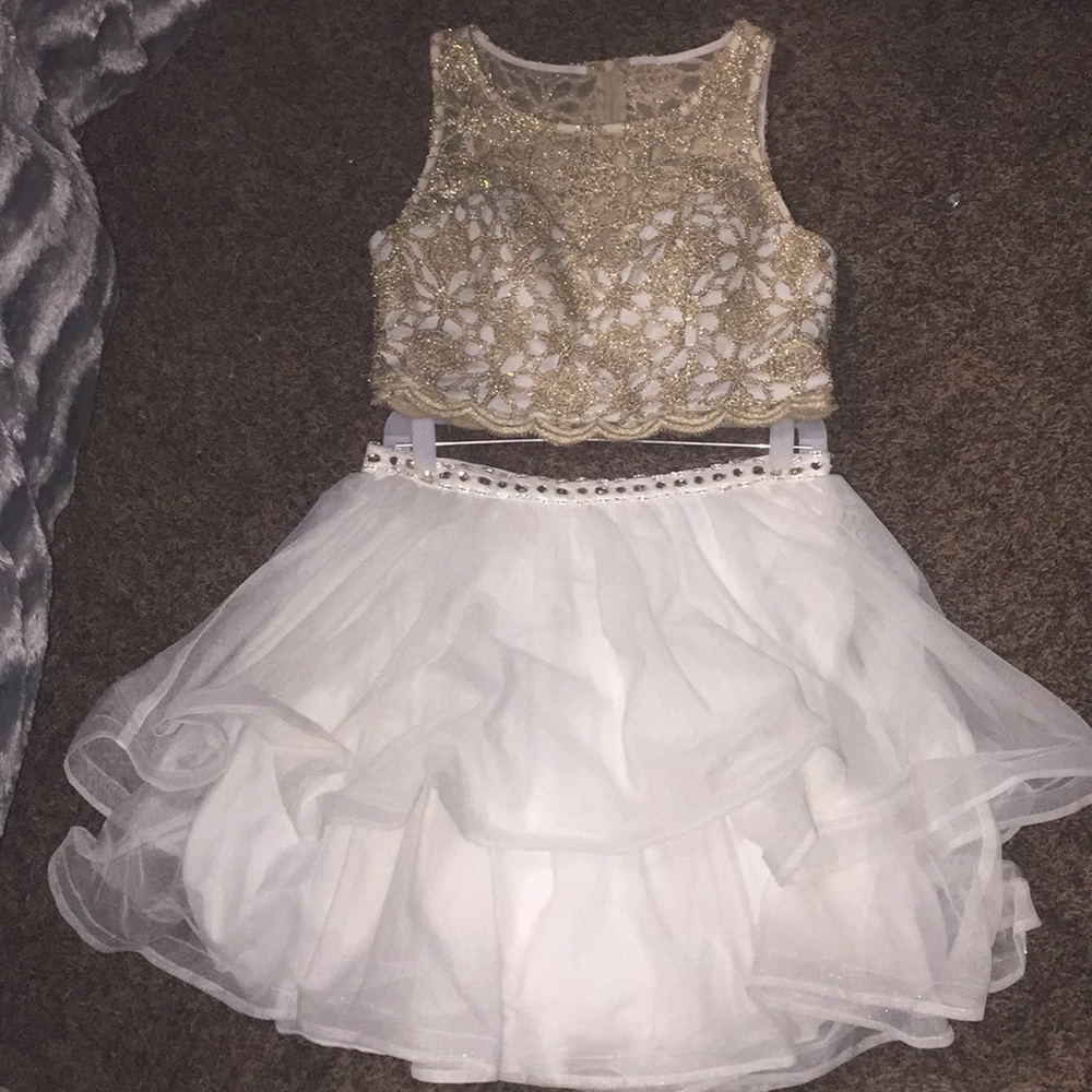 Gold and White David’s Bridal prom dress
